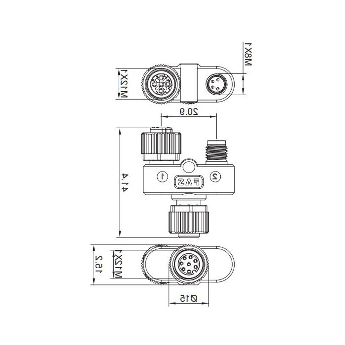 M12 8Pin母头/M12 4Pin母头D扣+M8 4Pin公头、三通接头、648D41